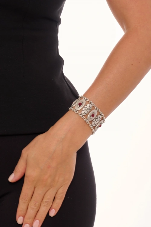 Kiraz Burgundy Stoned Silver Plated Bracelet