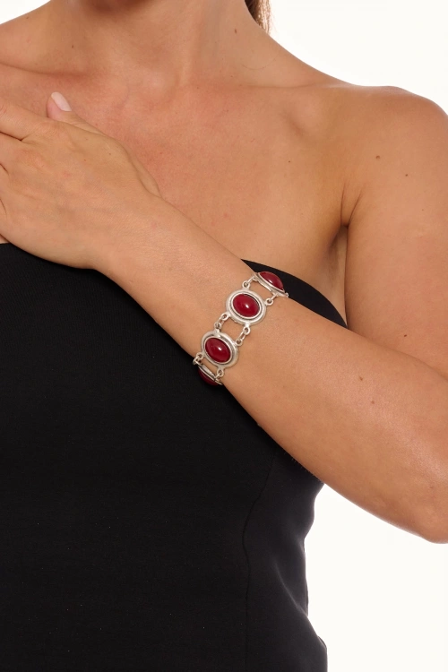 Kiraz Burgundy Stoned Silver Plated Bracelet