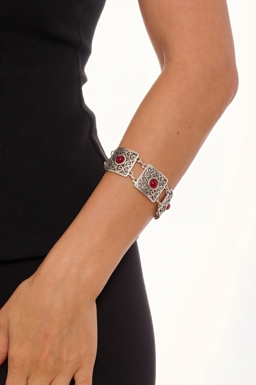 Kiraz Burgundy Stoned Silver Plated Bracelet