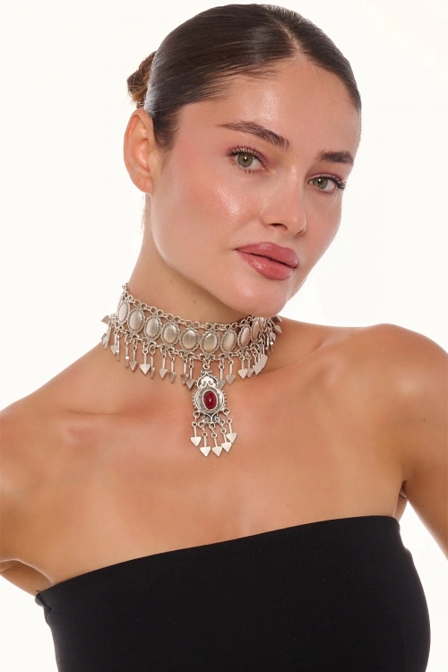 Kiraz Burgundy Stoned Silver Plated Necklace