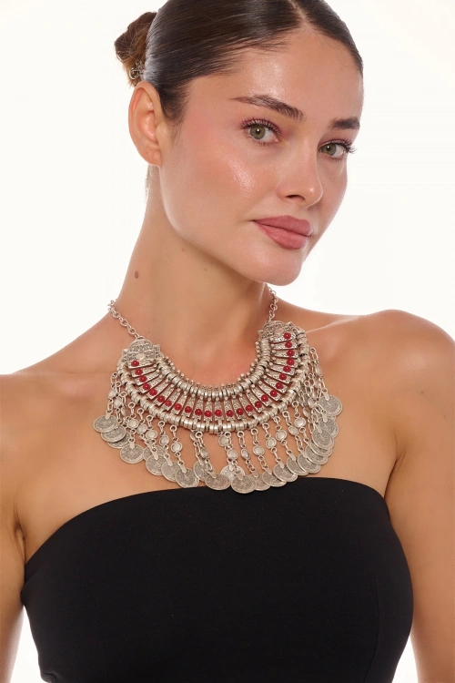 Kiraz Burgundy Stoned Cleopatra Silver Plated Necklace