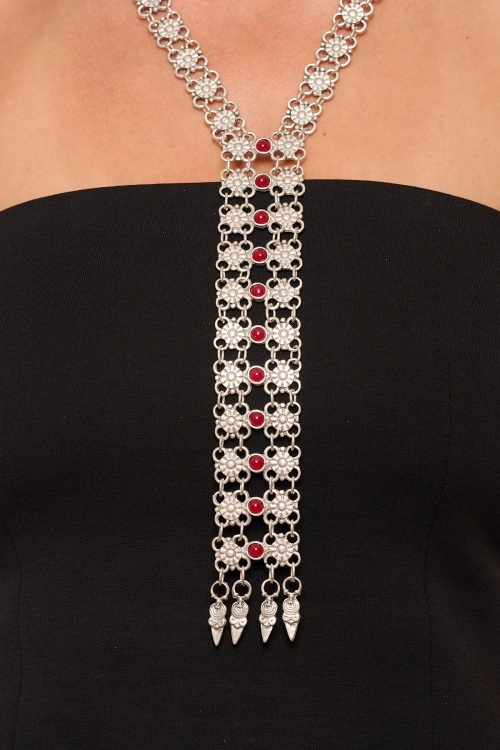 Kiraz Tie Burgundy Stoned Silver Plated Necklace