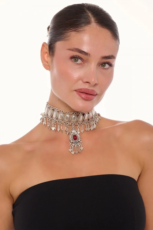 Kiraz Burgundy Stoned Silver Plated Necklace