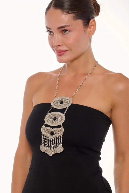 Kiraz Black Stoned Silver Plated Necklace