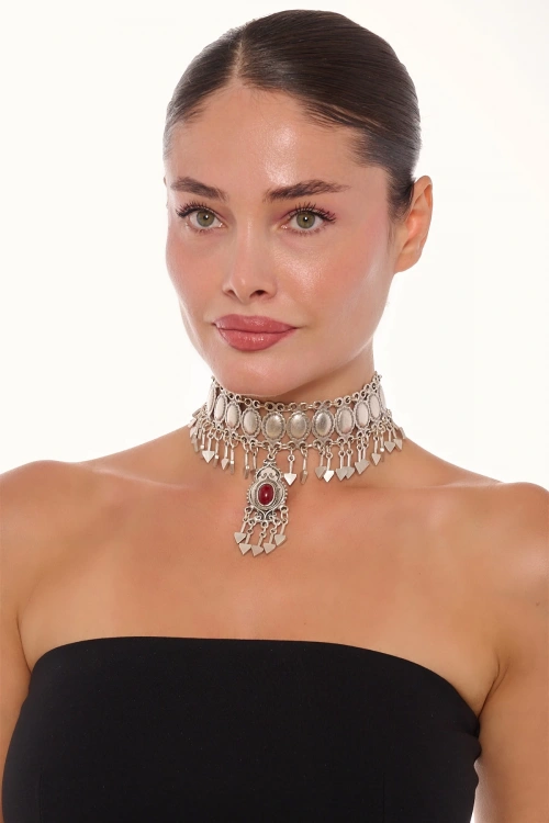 Kiraz Burgundy Stoned Silver Plated Necklace