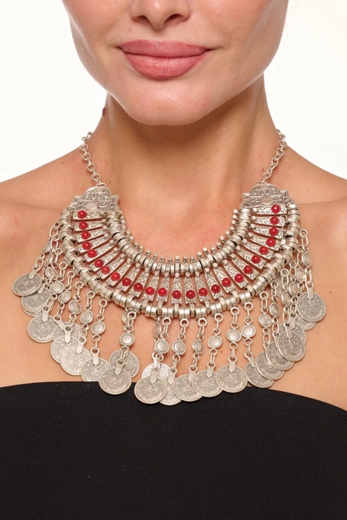 Kiraz Burgundy Stoned Cleopatra Silver Plated Necklace