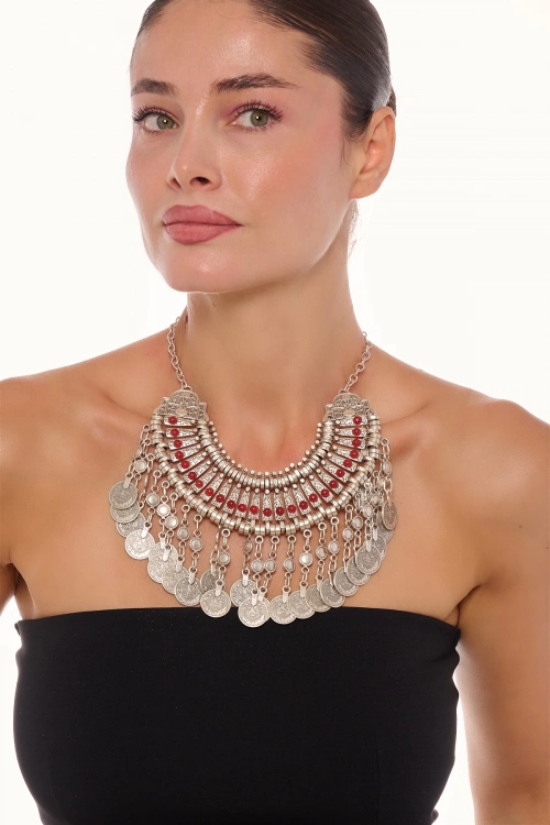 Kiraz Burgundy Stoned Cleopatra Silver Plated Necklace