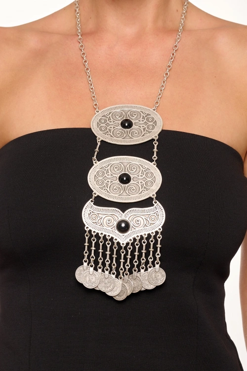 Kiraz Black Stoned Silver Plated Necklace