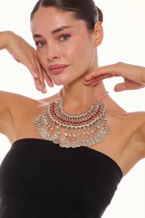 Kiraz Burgundy Stoned Cleopatra Silver Plated Necklace