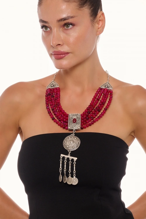 Kiraz Burgundy Stoned Silver Plated Necklace