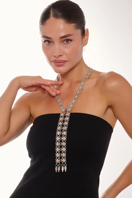 Kiraz Tie Burgundy Stoned Silver Plated Necklace