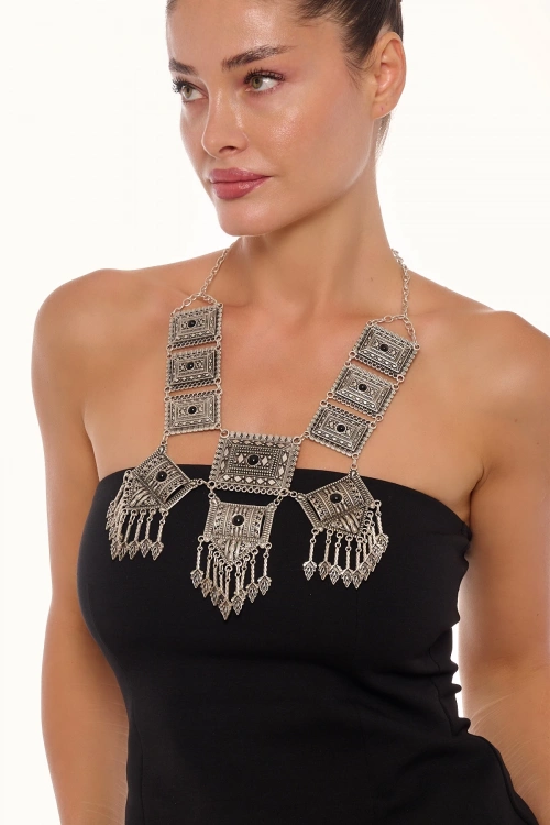 Kiraz Black Stoned Silver Plated Necklace