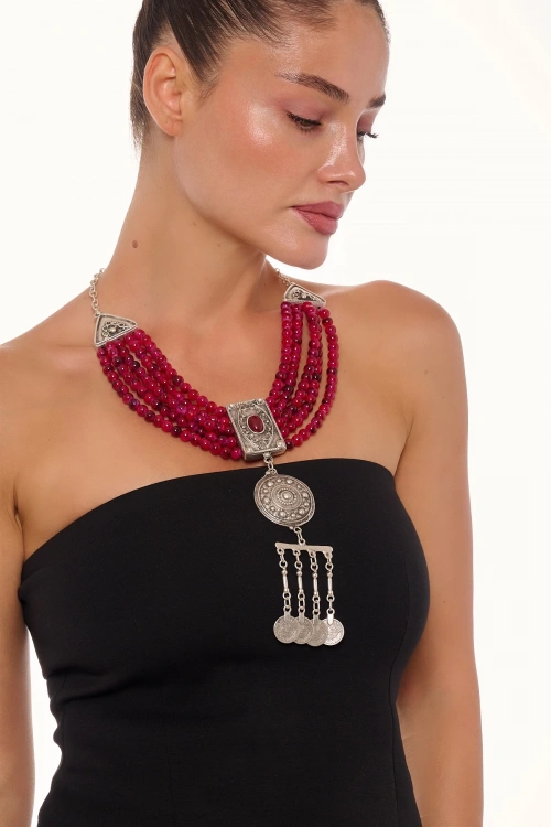 Kiraz Burgundy Stoned Silver Plated Necklace