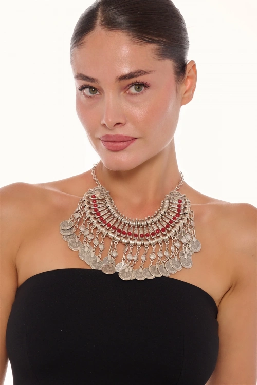 Kiraz Burgundy Stoned Cleopatra Silver Plated Necklace