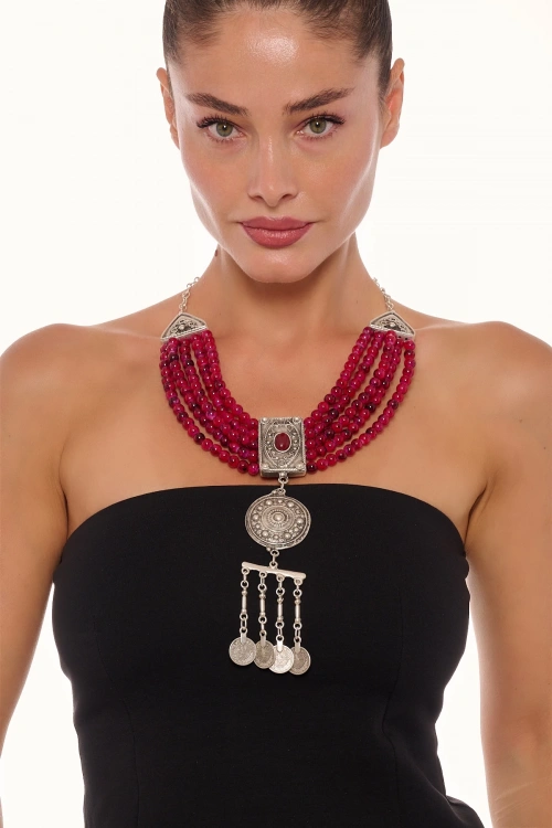 Kiraz Burgundy Stoned Silver Plated Necklace