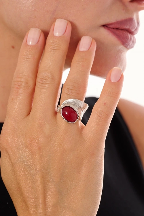 Kiraz Burgundy Stoned Silver Plated Ring