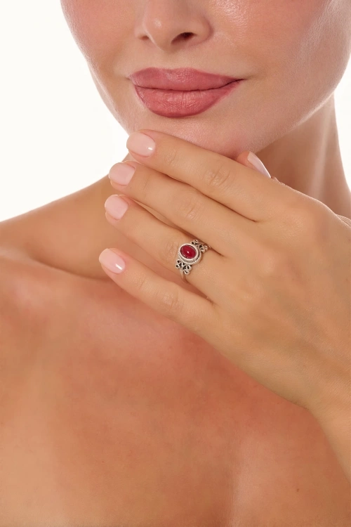 Kiraz Burgundy Stoned Silver Plated Ring