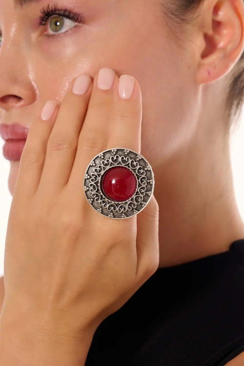 Kiraz Burgundy Stoned Silver Plated Ring