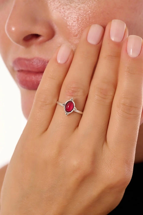 Kiraz Burgundy Stoned Silver Plated Ring