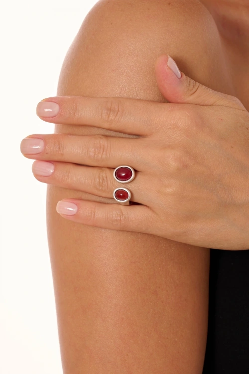 Kiraz Burgundy Stoned Silver Plated Ring