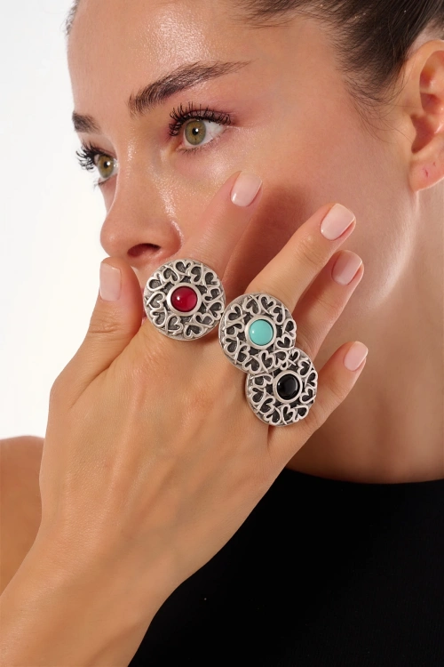 Kiraz Black Stoned Silver Plated Ring