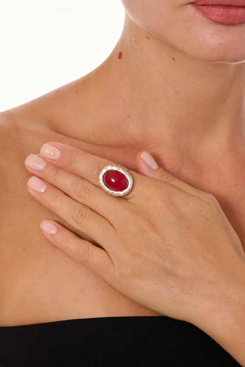 Kiraz Burgundy Stoned Silver Plated Ring