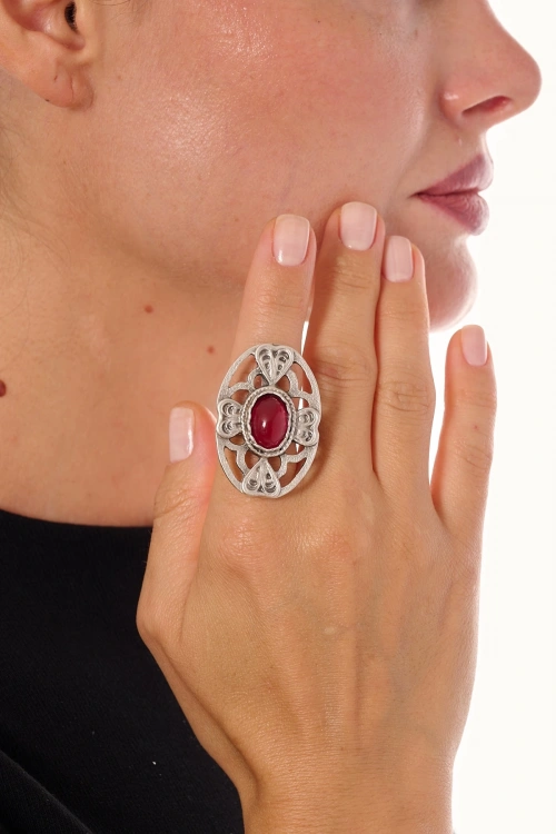 Kiraz Burgundy Stoned Silver Plated Ring