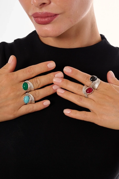 Kiraz Black Stoned Silver Plated Ring