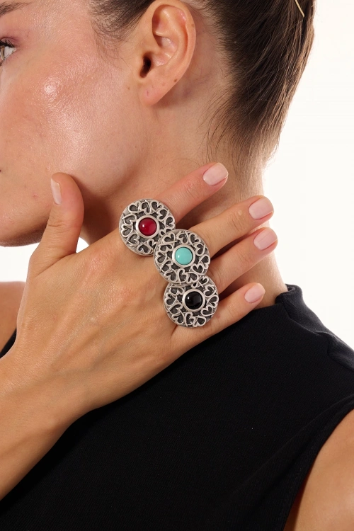 Kiraz Black Stoned Silver Plated Ring