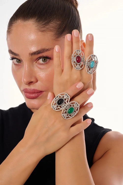 Kiraz Green Stoned Silver Plated Ring