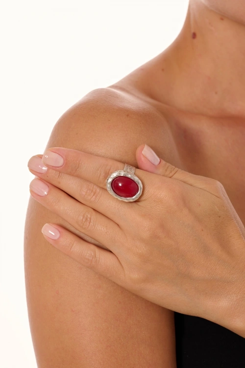 Kiraz Burgundy Stoned Silver Plated Ring