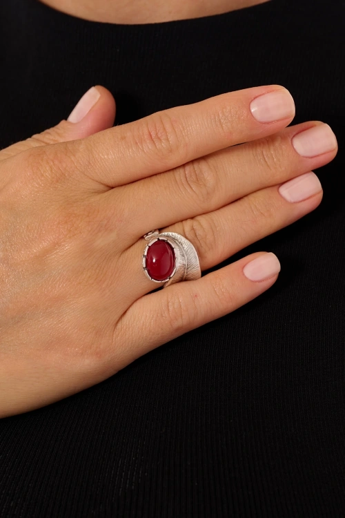 Kiraz Burgundy Stoned Silver Plated Ring