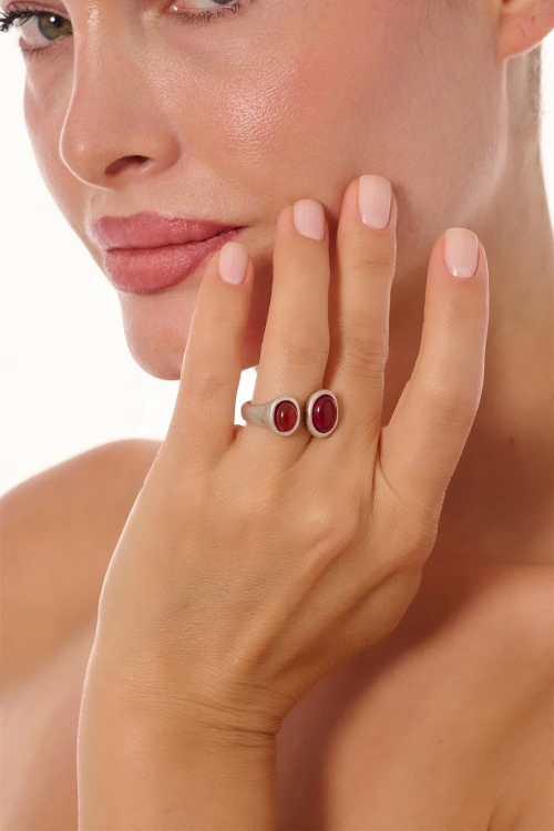 Kiraz Burgundy Stoned Silver Plated Ring