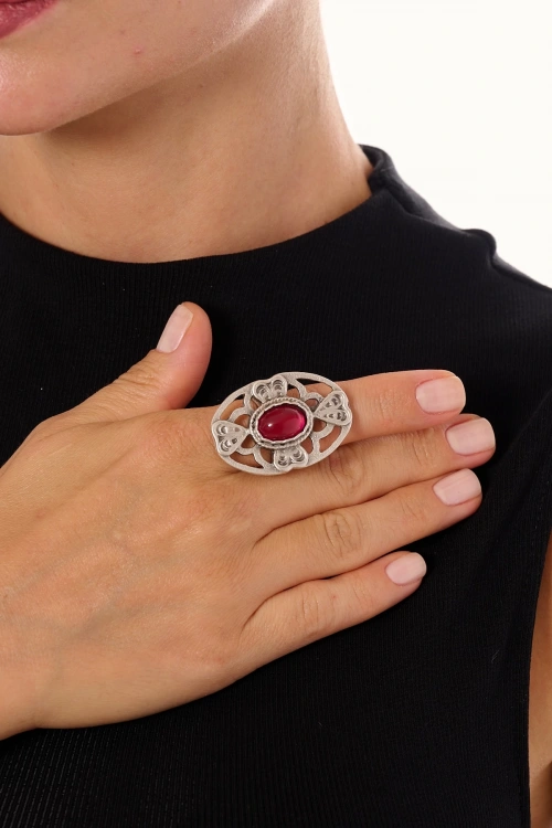 Kiraz Burgundy Stoned Silver Plated Ring