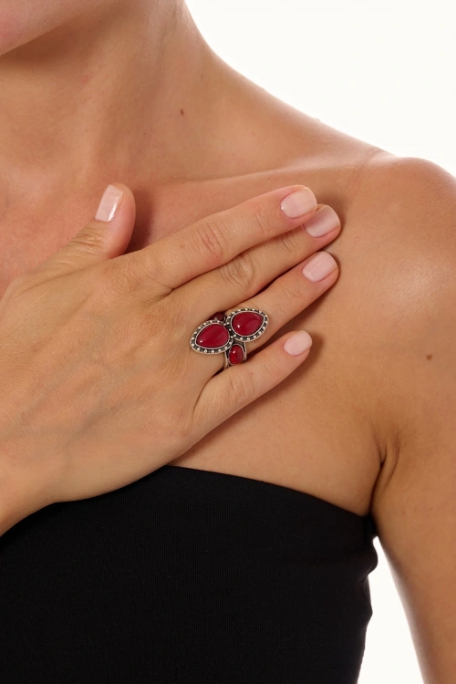 Kiraz Burgundy Stoned Silver Plated Ring