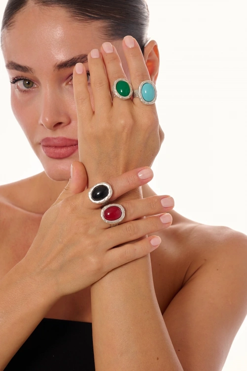 Kiraz Burgundy Stoned Silver Plated Ring