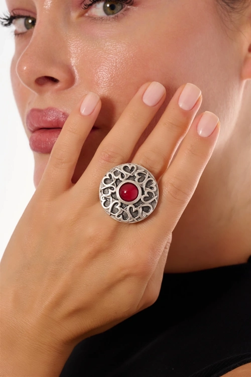 Kiraz Burgundy Stoned Silver Plated Ring