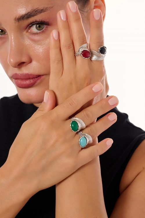 Kiraz Black Stoned Silver Plated Ring