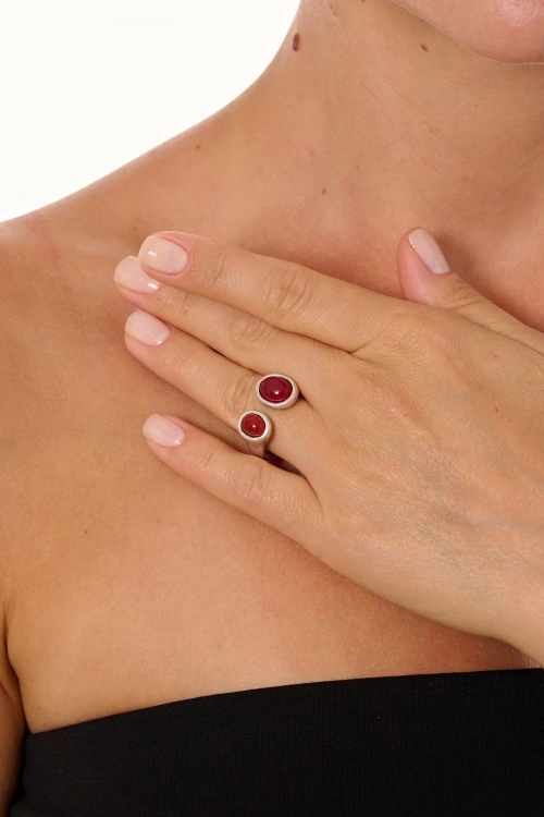 Kiraz Burgundy Stoned Silver Plated Ring