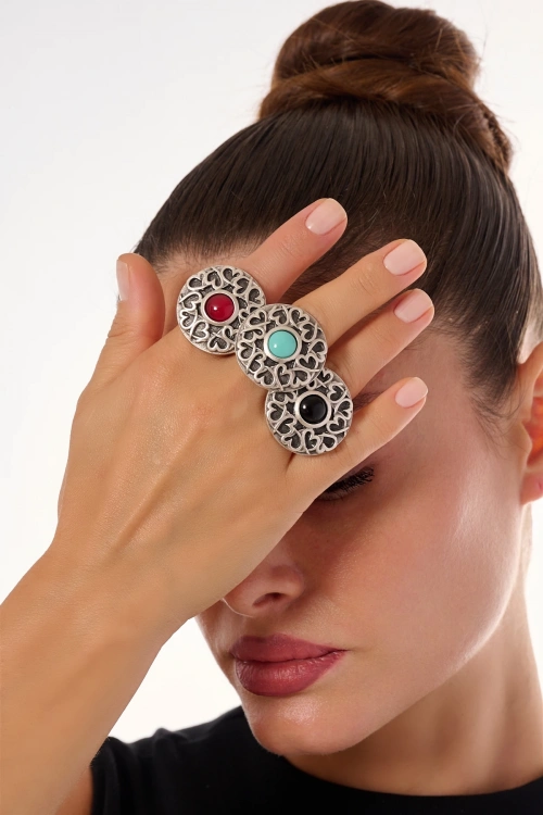 Kiraz Black Stoned Silver Plated Ring