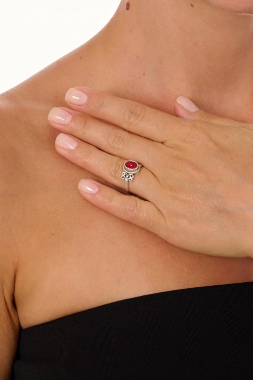 Kiraz Burgundy Stoned Silver Plated Ring