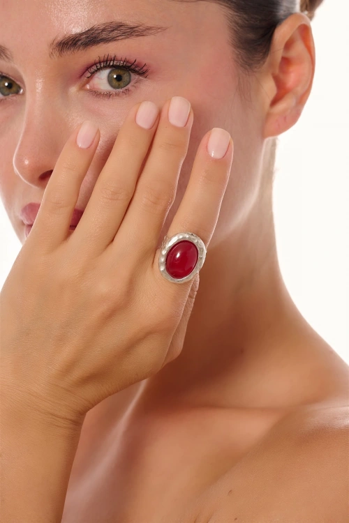 Kiraz Burgundy Stoned Silver Plated Ring