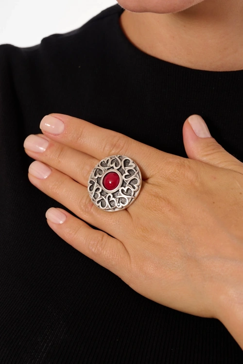 Kiraz Burgundy Stoned Silver Plated Ring