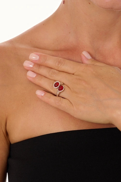 Kiraz Burgundy Stoned Silver Plated Ring