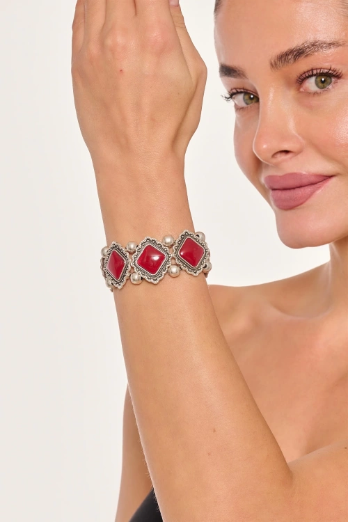 Kiraz Burgundy Stoned Elastic  Silver Plated Bracelet