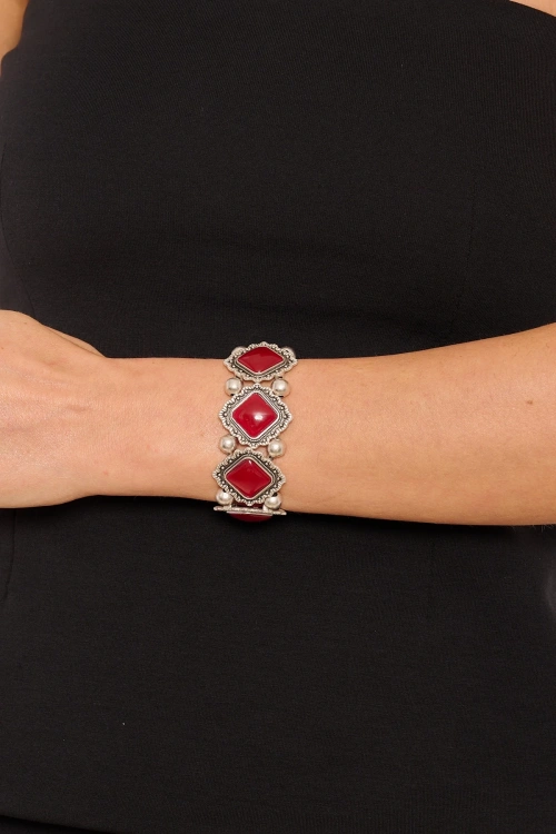 Kiraz Burgundy Stoned Elastic  Silver Plated Bracelet