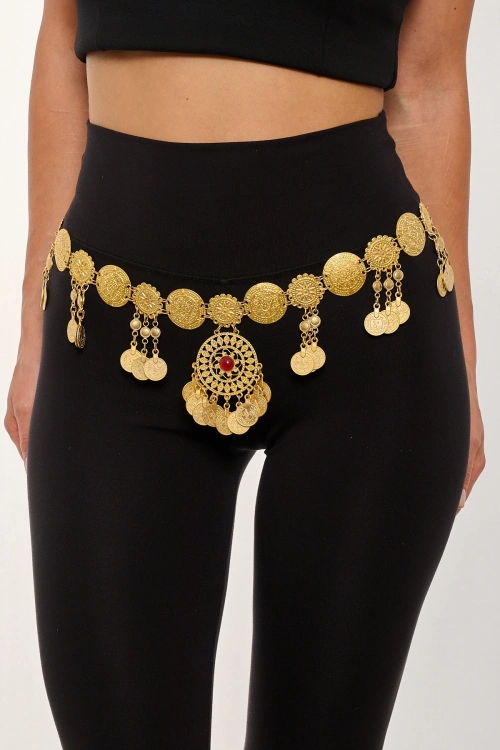 Kiraz Burgundy Stoned Gold Plated Belt