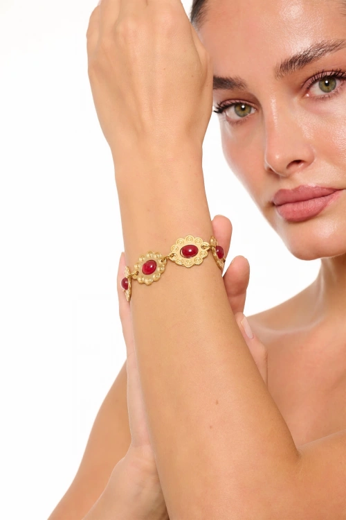 Kiraz Burgundy Stoned Gold Plated Bracelet