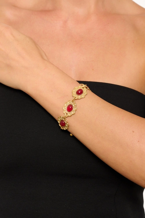 Kiraz Burgundy Stoned Gold Plated Bracelet