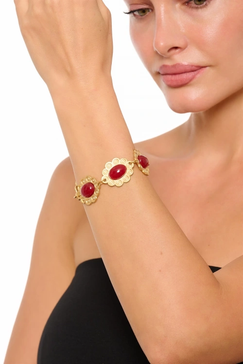 Kiraz Burgundy Stoned Gold Plated Bracelet